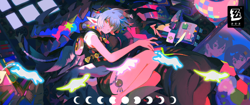 1boy 2girls bare_legs barefoot belle_(zenless_zone_zero) blue_hair braid ethereal_(zenless_zone_zero) goat_girl goat_horns highres horns hug long_hair lucia_elowen monster multiple_girls notebook official_art pointy_ears shorts sleeveless wise_(zenless_zone_zero) zenless_zone_zero