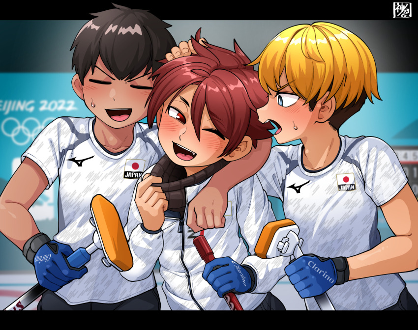 3boys blush child curling curling_broom gloves kaminosaki multiple_boys