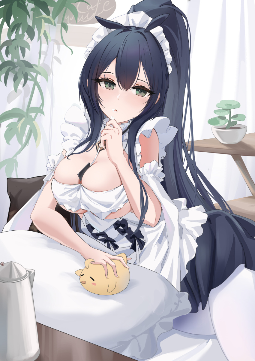 1girl absurdly_long_hair absurdres apron arm_garter azur_lane black_hair breasts choker cleavage curtains floating_curtains frilled_choker frills hair_between_eyes hand_on_own_chin highres indomitable_(azur_lane) indomitable_(ms._motivationless_maid)_(azur_lane) long_hair maid maid_apron maid_headdress manjuu_(azur_lane) official_alternate_costume pantyhose ponytail sitting solo_focus very_long_hair white_pantyhose yunmo_(znfc8352)