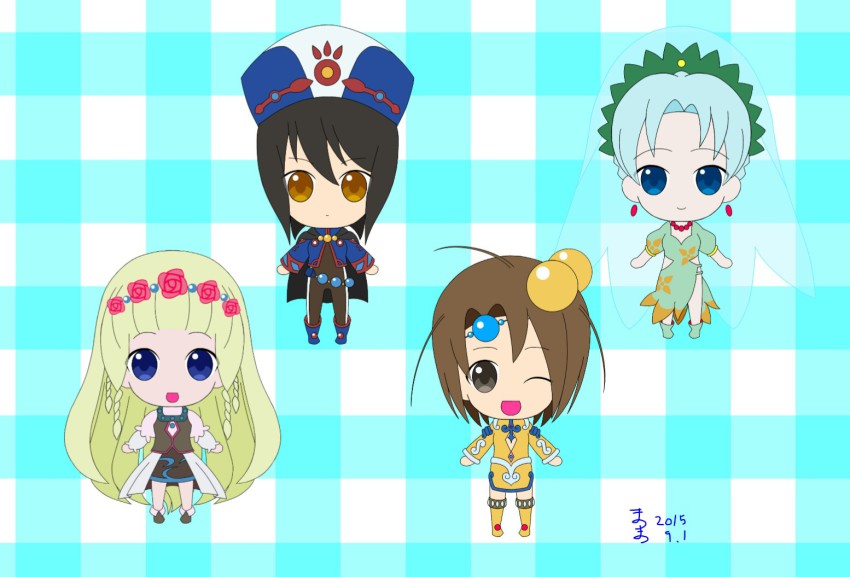 4girls aqua_hair black_eyes black_hair blonde_hair blue_eyes bodysuit boots braid breasts brown_eyes brown_hair cape chibi chloe_valens dress earrings flower grune_(tales) hair_ornament hat jewelry long_hair matsu_(i-love-akb_0901) multiple_girls necklace norma_beatty one_eye_closed rose shirley_fennes shoes short_hair skirt smile tales_of_(series) tales_of_legendia thigh_boots thighhighs veil wink