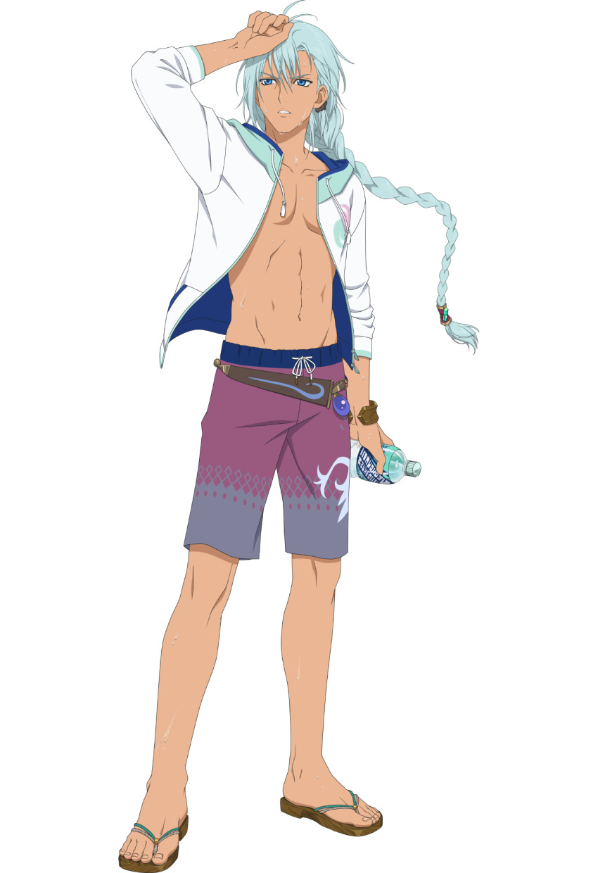 1boy aqua_hair artist_request blue_eyes bottle braid commentary drawstring english_commentary feet full_body hair_between_eyes highres holding holding_bottle long_hair male_focus male_swimwear middle_finger official_art open_clothes open_shirt print_male_swimwear print_swim_trunks print_swimsuit purple_male_swimwear purple_swim_trunks solo swim_trunks swimsuit tales_of_(series) tales_of_asteria tales_of_rebirth toenails toes topless_male transparent_background veigue_lungberg