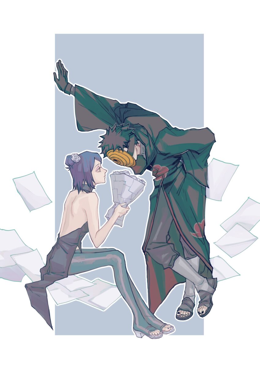 1boy 1girl akatsuki_(naruto) akatsuki_uniform backless_dress backless_outfit black_hair blue_hair bouquet dress flower gloves hair_bun hair_flower hair_ornament hetero highres holding holding_bouquet konan_(naruto) leviaen looking_at_another makeup mask masked_madara naruto_(series) naruto_shippuuden paper sandals short_hair sitting sleeveless sleeveless_dress tobi_(naruto) uchiha_obito wide_sleeves