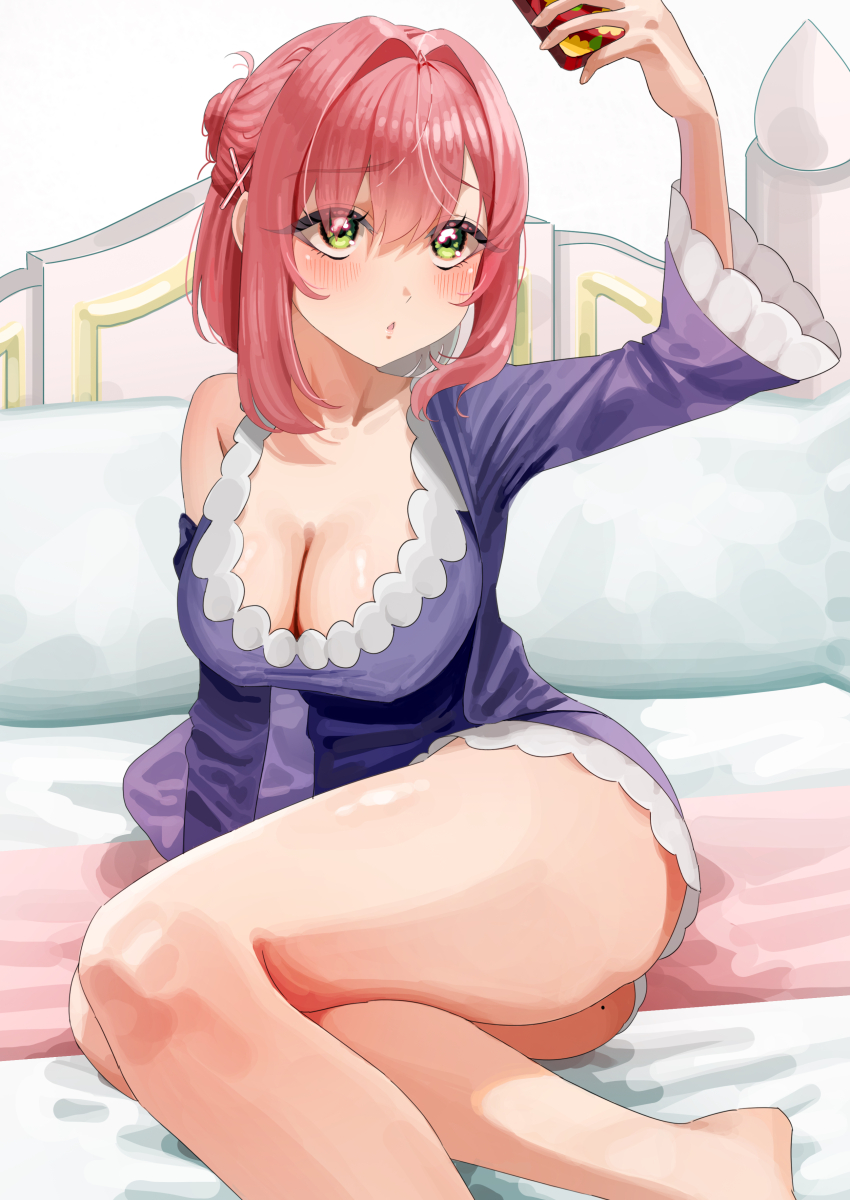 1girl absurdres bare_legs barefoot blush breasts cleavage collarbone commentary feet_out_of_frame green_eyes hair_between_eyes hair_bun hair_intakes hair_ornament hanazono_hakari highres holding holding_phone kimi_no_koto_ga_dai_dai_dai_dai_daisuki_na_100-nin_no_kanojo large_breasts legs long_sleeves mole mole_on_ass nightgown on_bed panties parted_lips perapera_o2 phone pillow pink_hair purple_nightgown selfie single_off_shoulder sitting solo underwear white_panties wide_sleeves x_hair_ornament