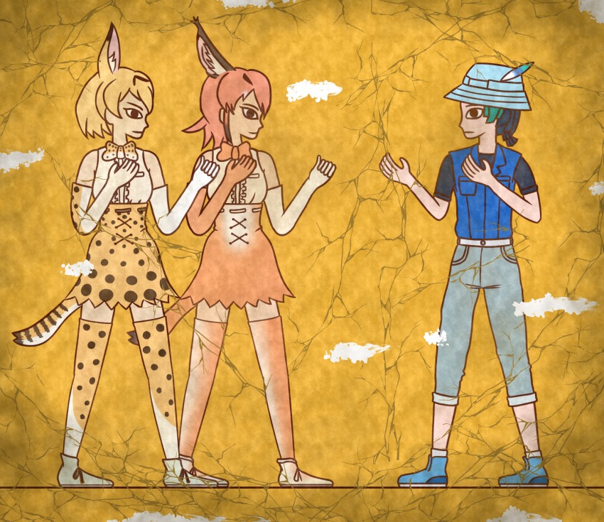 3girls animal_ear_fluff animal_ears animal_print black_hair blonde_hair blouse blue_vest bow bowtie caracal_(kemono_friends) center_frills commentary_request crack egyptian_art elbow_gloves extra_ears frills from_side gloves green_hair hat hat_feather high-waist_skirt highres kemono_friends kemono_friends_2 kita_(7kita) kyururu_(kemono_friends) multicolored_hair multiple_girls orange_hair orange_legwear orange_neckwear pants print_gloves print_legwear print_neckwear print_skirt profile serval_(kemono_friends) serval_tail shirt short_hair short_sleeves skirt sleeveless sleeveless_shirt tail thighhighs traditional_bowtie two-tone_bow two-tone_bowtie two-tone_hair vest white_shirt