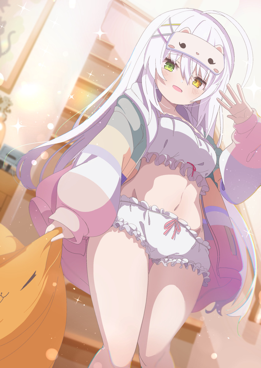 1girl absurdres blush commentary_request commission eye_mask green_eyes hair_between_eyes hair_ornament heterochromia highres holding indoors long_hair long_sleeves looking_at_viewer loungewear midriff navel open_mouth original picture_frame shiro9jira shirt shorts skeb_commission stairs standing thighs very_long_hair white_hair white_shirt white_shorts x_hair_ornament yellow_eyes