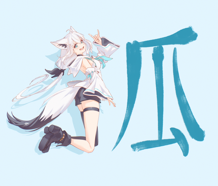 1girl absurdres ahoge animal_ear_fluff animal_ear_piercing animal_ears aqua_eyes bare_shoulders black_boots black_ribbon black_shorts black_tail black_thighhighs blue_background blue_neckerchief boots braid commentary_request crossed_bangs detached_sleeves double-parted_bangs earrings extra_ears fox_ears fox_girl fox_shadow_puppet fox_tail front_slit full_body hair_between_eyes hair_ribbon hand_up highres hololive hood hooded_vest hoodie hyde_(tabakko) jewelry kanji_focus long_hair looking_at_viewer low-tied_long_hair low_ponytail multicolored_tail navel neckerchief pentagram ponytail ribbon sailor_collar shirakami_fubuki shirakami_fubuki_(1st_costume) shoe_soles short_shorts shorts side_braid sidelocks simple_background single_braid single_earring single_thighhigh solo tail thigh_strap thighhighs vest virtual_youtuber white_hair white_hoodie white_sleeves white_tail wide_sleeves