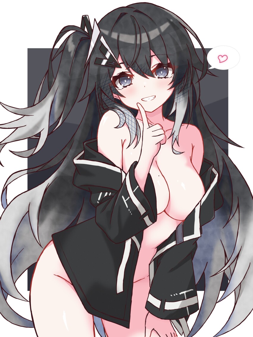 1girl absurdres black_hair black_jacket border bottomless breasts coefont commentary cowboy_shot gradient_hair grey_eyes hair_between_eyes hair_ornament hairclip hand_on_own_cheek hand_on_own_face hand_on_own_thigh heart highres jacket large_breasts light_blush long_hair long_sleeves millial_(coefont) mole mole_on_breast multicolored_hair naked_jacket noir_(noire6959) off_shoulder one_side_up open_clothes open_jacket outside_border sidelocks smile solo spoken_heart white_border white_hair white_trim