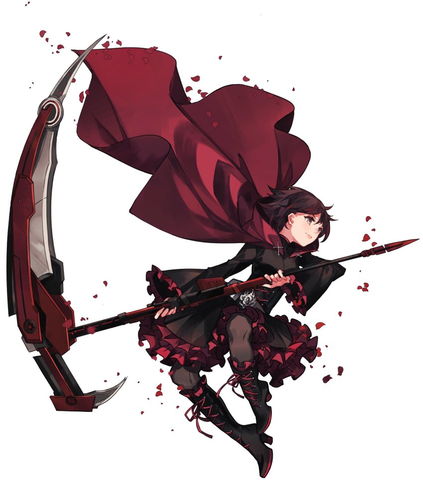 1girl absurdres black_boots black_dress black_hair black_pantyhose boots brown_eyes cloak combination_weapon commentary crescent_rose dress english_commentary gun hair_behind_ear high_heel_boots high_heels highres holding holding_scythe kaneblob long_gun official_art pantyhose red_cloak rifle ruby_rose rwby scythe smile sniper_rifle solo weapon