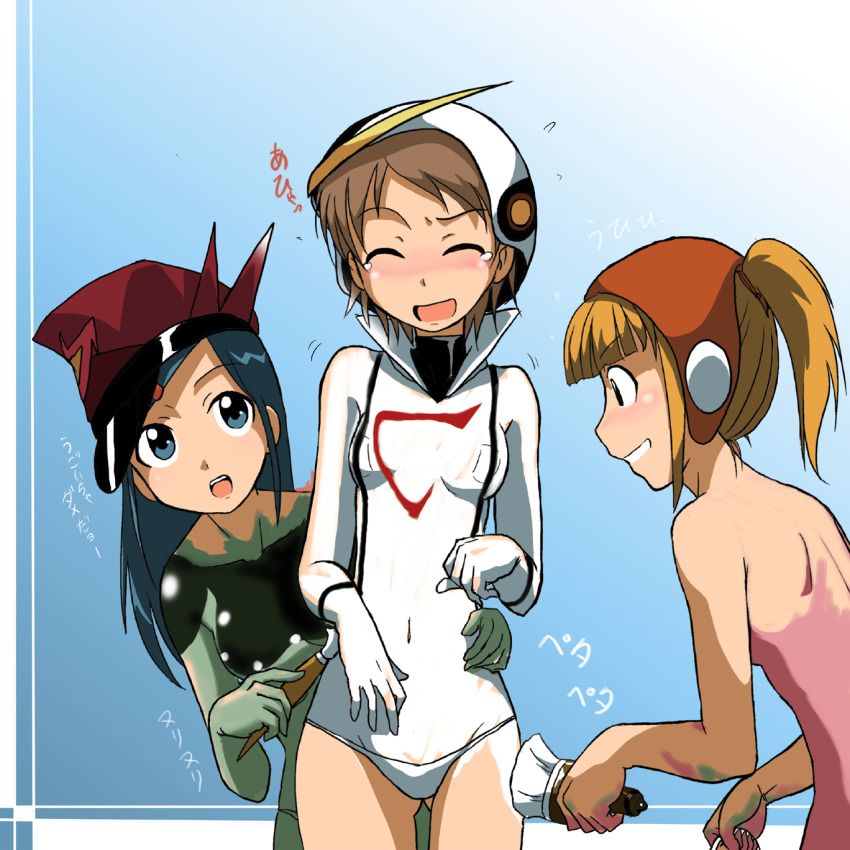 1970s_(style) 3girls bodypaint braiking_boss braiking_boss_(cosplay) casshern casshern_(cosplay) casshern_(series) cosplay false_clothes flat_chest green_panties highres kouzuki_luna kouzuki_luna_(cosplay) multiple_girls no_bra no_pants nude oldschool paintbrush painted_clothes painting_(action) panties parody retro_artstyle robot_hunter_casshern takaya_n tickling tickling_legs tickling_sides underwear white_panties