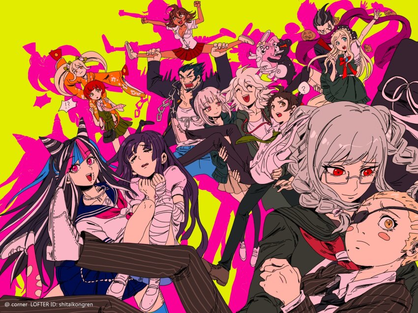 6+boys 6+girls ? ahoge animal bandaged_leg bandages black_hair black_jacket black_necktie blonde_hair blue_hair blue_sailor_collar blue_skirt blush_stickers bow braid breasts brown_jacket brown_skirt carrying cham-p cleavage collarbone corner_(corner29452966) danganronpa_(series) danganronpa_2:_goodbye_despair dark-skinned_female dark_skin everyone eyepatch glasses green_bow grey_hair hair_bow hair_horns hamster happy highres hinata_hajime hood hooded_jacket jacket japanese_clothes jum-p kimono koizumi_mahiru komaeda_nagito kuzuryu_fuyuhiko large_breasts long_hair looking_at_another maga-g medium_hair miniskirt mioda_ibuki monokuma monomi_(danganronpa) mouth_piercing multicolored_hair multiple_boys multiple_girls nanami_chiaki neckerchief necktie nidai_nekomaru open_clothes open_jacket orange_kimono owari_akane pekoyama_peko piercing pink_background pink_eyes pink_hair pink_shirt princess_carry puffy_short_sleeves puffy_sleeves purple_scarf red_eyes red_hair red_neckerchief red_skirt sailor_collar saionji_hiyoko scarf school_uniform serafuku shirt short_hair short_sleeves skirt smile sonia_nevermind sun-d tanaka_gundham tsumiki_mikan twin_braids twintails white_hair wide_sleeves yellow_background