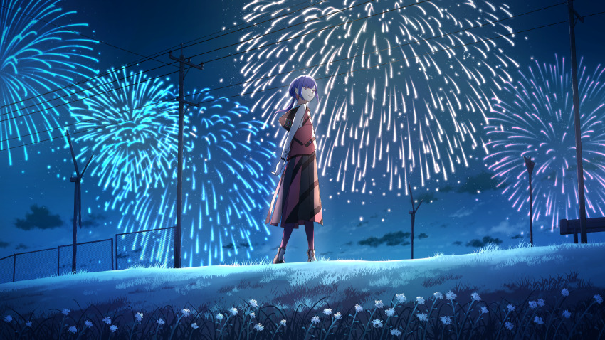 1girl absurdres aerial_fireworks anyotete arms_behind_back black_jacket black_skirt brown_hair cloud diamond_earrings earrings fence fireworks highres hood hooded_jacket jacket jewelry kamitsubaki_studio medium_hair multicolored_jacket multicolored_skirt night night_sky orange_eyes outdoors power_lines red_jacket red_skirt rim_(kamitsubaki_studio) sidelocks skirt sky sleeveless sleeveless_jacket solo utility_pole wind_turbine windmill