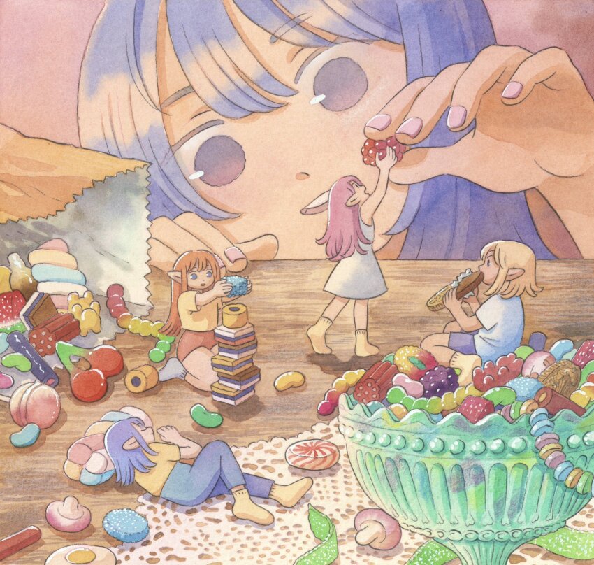5girls blonde_hair blue_eyes blue_hair blue_shirt candy candy_necklace cherry chocolate chocolate_coin commentary dress eating english_commentary food fruit gummy_bear gummy_worm heikala highres holding holding_food jelly_bean licorice_(food) long_hair lying medium_hair mini_person minigirl multiple_girls open_mouth orange_hair orange_shorts original painting_(medium) pants pastel_colors pink_background pink_hair pink_nails pointy_ears purple_eyes purple_hair purple_pants purple_shorts shirt shorts sitting sitting_on_food sleeping smile socks sweets t-shirt table traditional_media watercolor_(medium) white_dress white_socks wooden_table yellow_shirt yellow_socks