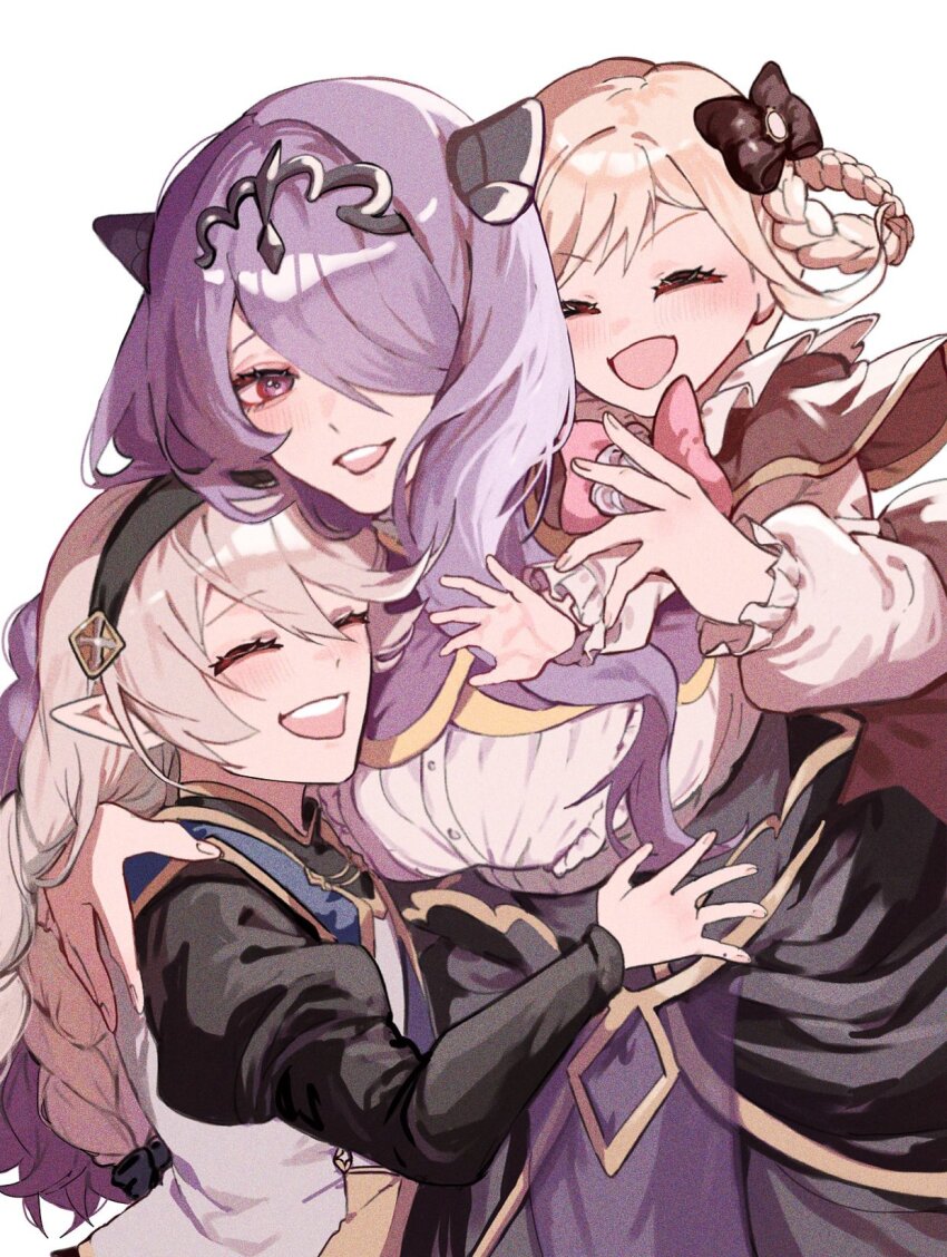 3girls ^_^ akitsu_123 black_bow black_hairband bow braid braided_hair_rings camilla_(fire_emblem) camilla_(young_beauty)_(fire_emblem) closed_eyes commentary_request female_corrin_(fire_emblem) female_corrin_(young_kinship)_(fire_emblem) elise_(fire_emblem) elise_(sparkling_smile)_(fire_emblem) eyelashes fire_emblem fire_emblem_fates fire_emblem_heroes grey_hair hair_bow hair_over_one_eye hair_rings hairband highres hug long_hair multiple_girls multiple_hair_bows nintendo official_alternate_costume open_mouth purple_eyes purple_hair siblings simple_background sisters smile teeth tiara upper_teeth_only white_background