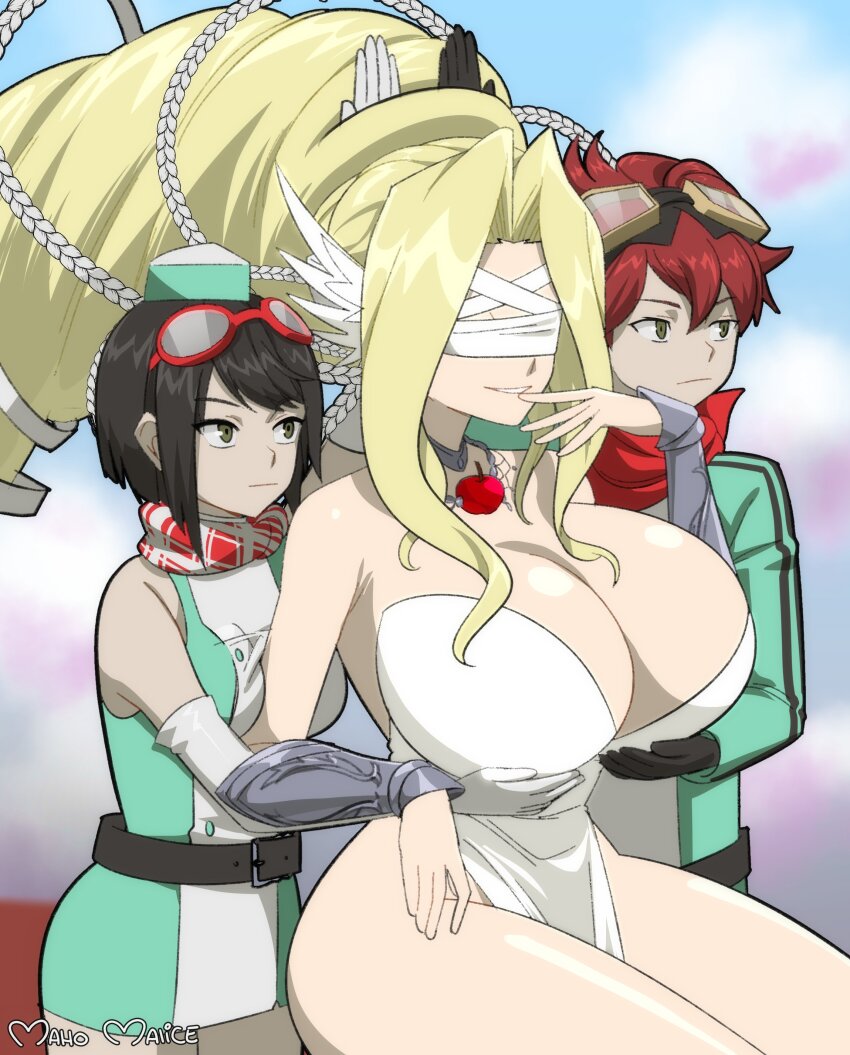1boy 2girls absurdres arm_up bandana bandana_around_neck bare_shoulders black_eyes black_gloves black_hair blindfold blonde_hair breasts brown_hair digimon digimon_(creature) digimon_story:_time_stranger dress gloves goggles goggles_on_head grabbing_another&#039;s_breast green_dress green_hat green_jacket groping hat highres huge_breasts jacket long_hair maho_malice meme multiple_girls name_connection parody red_bandana servants_holding_aphrodite&#039;s_breasts_(meme) short_dress short_hair shuumatsu_no_valkyrie sitting smug strapless strapless_dress venusmon very_long_hair white_dress white_gloves white_jacket yuuki_dan yuuki_kanan yuuki_dan yuuki_kanan