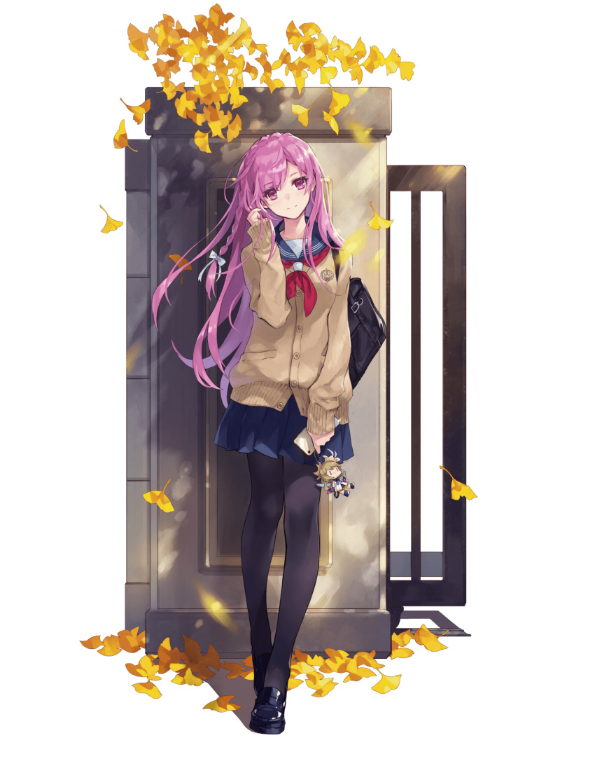 1girl bag black_footwear black_pantyhose braid brown_cardigan cardigan cellphone charm_(object) closed_mouth commentary_request da-kuro dulyn full_body g-row ginkgo_tree hair_ribbon head_tilt highres holding holding_phone long_hair miniskirt neckerchief official_alternate_costume official_art pantyhose phantom_of_the_kill phone pink_eyes pink_hair pleated_skirt red_neckerchief ribbon school_bag school_uniform second-party_source serafuku simple_background skirt smartphone smile solo standing transparent_background tyrfing_(phantom_of_the_kill)