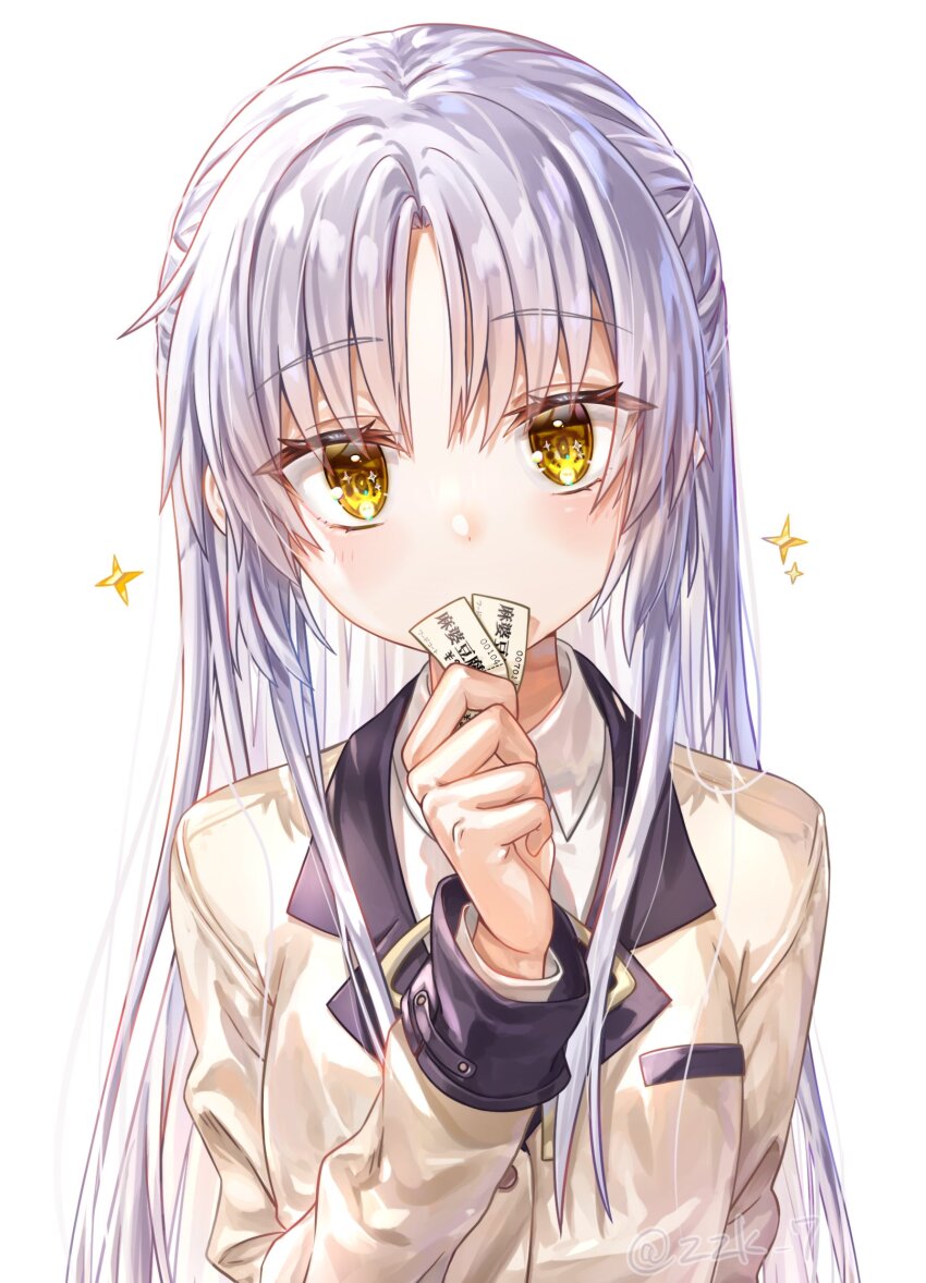 1girl absurdres angel_beats! blazer covered_mouth grey_hair highres holding holding_ticket jacket long_hair looking_at_viewer school_uniform solo tenshi_(angel_beats!) ticket white_hair yellow_eyes zuzuhashi