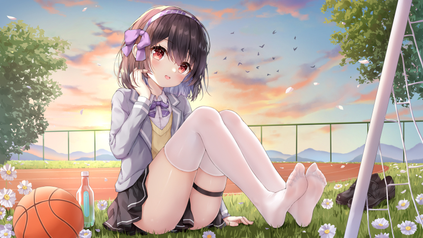 1girl anklet ball baseball_(object) bird black_skirt bottle brown_hair cloud feet fence flat_chest flower grey_jacket highres jacket jewelry looking_at_viewer mountainous_horizon no_shoes open_mouth original outdoors petals purple_ribbon red_eyes ribbon running_track school_uniform shirt short_hair sitting skirt soles sunset thighhighs thighs tree white_shirt yellow_shirt yutian_alice