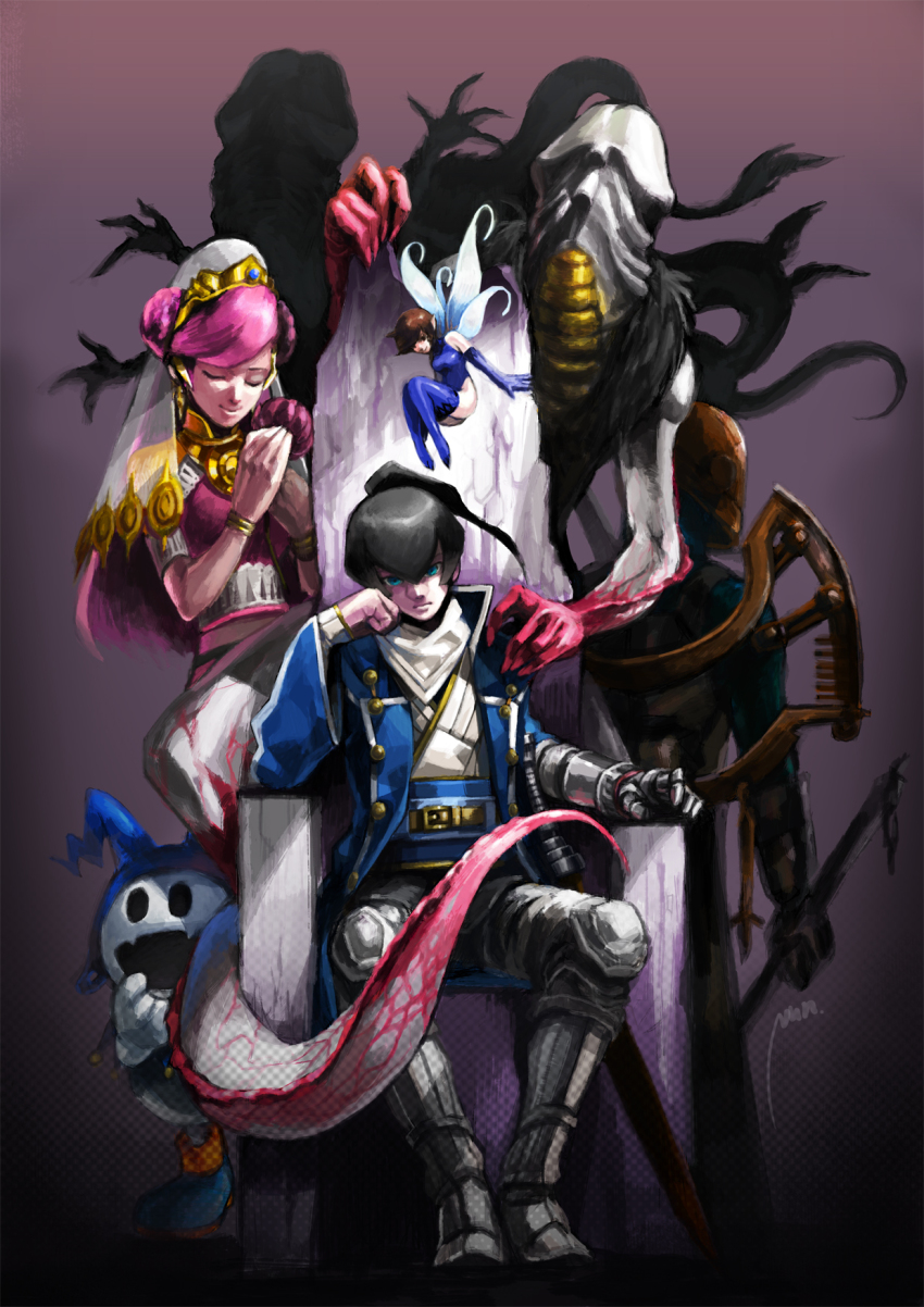 1boy atlus bad_id bad_pixiv_id black_hair coat flynn_(megami_tensei) gauntlets highres ippon-datara ippon-datara_(megami_tensei) jack_frost_(megami_tensei) mara_(megami_tensei) mishaguji mishaguji_(megami_tensei) nunohashi_(shock_wave) parvati parvati_(megami_tensei) pixie_(megami_tensei) ponytail shin_megami_tensei shin_megami_tensei_iv
