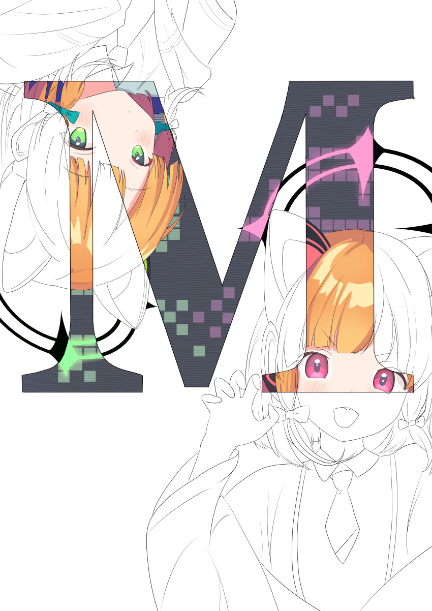2girls absurdres animal_ear_headphones animal_ears blonde_hair blue_archive blunt_bangs blush bow cat_ear_headphones cat_ears chanshiyu claw_pose closed_mouth collared_shirt commentary dot_mouth fake_animal_ears green_bow green_eyes green_halo grey_background greyscale hair_bow halo headphones highres jacket long_sleeves looking_at_viewer low-tied_sidelocks midori_(blue_archive) momoi_(blue_archive) monochrome multiple_girls necktie off_shoulder open_mouth parted_bangs partially_colored pink_eyes pink_halo rotational_symmetry school_uniform shirt short_necktie siblings sidelocks sisters smile suspenders teeth twins upper_body upper_teeth_only v-shaped_eyebrows white_background white_shirt wide_sleeves