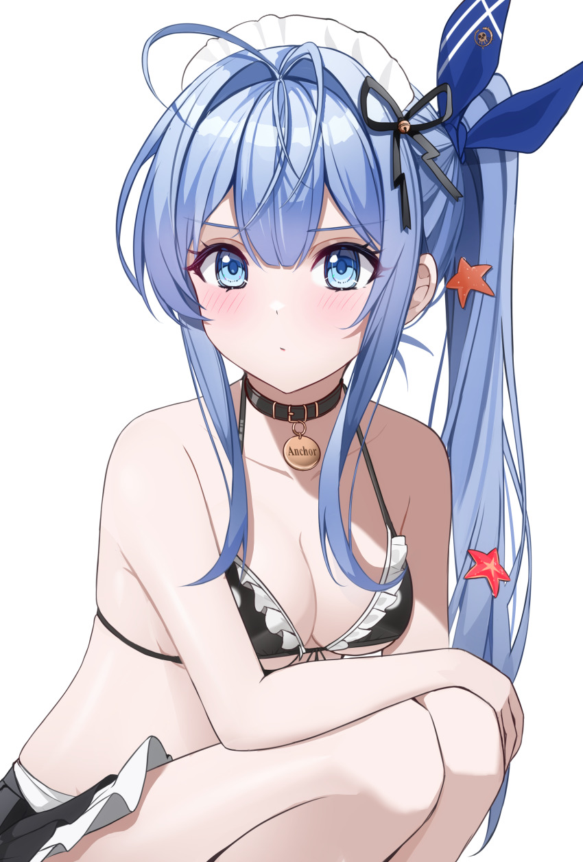 1girl absurdres ahoge anchor_(innocent_maid)_(nikke) anchor_(nikke) bare_arms bare_legs bare_shoulders bikini black_bikini black_choker black_skirt blue_eyes blue_hair breasts choker cleavage closed_mouth collarbone frilled_bikini frills front-tie_bikini_top front-tie_top goddess_of_victory:_nikke hair_ribbon halterneck highres keystone_(costone) long_hair looking_at_viewer maid maid_bikini maid_headdress miniskirt official_alternate_costume ribbon side_ponytail sidelocks simple_background skirt small_breasts solo squatting starfish_hair_ornament string_bikini swimsuit unconventional_maid v-shaped_eyebrows white_background