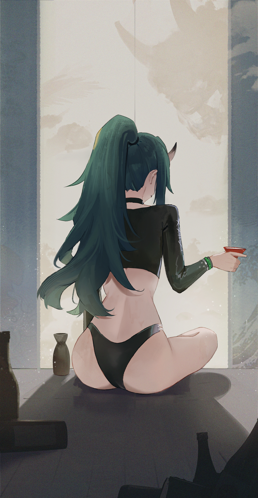 1girl absurdres arknights ass bikini black_bikini black_choker black_shirt choker commentary crop_top cropped_shirt cup drink ema_(kuguiema) facing_away from_behind full_body green_hair highres holding holding_drink horns hoshiguma_(arknights) hoshiguma_(seeker)_(arknights) light_particles long_hair long_sleeves official_alternate_costume ponytail sakazuki shirt sitting solo swimsuit tokkuri