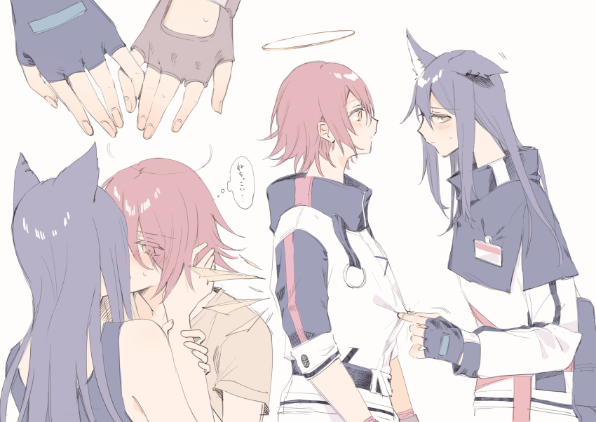 2girls absurdres animal_ears arknights bad_id bad_pixiv_id bare_arms black_capelet black_gloves black_hair black_tank_top blush brown_gloves brown_shirt capelet commentary ear_piercing energy_wings exusiai_(arknights) eyes_visible_through_hair fingerless_gloves gloves halo hand_on_another&#039;s_face highres jacket kiss long_hair long_sleeves looking_at_another looking_away looking_to_the_side matsuzaka_(matsuzakagyu_29) multiple_girls multiple_views name_tag orange_eyes piercing profile red_hair shirt short_hair short_sleeves simple_background speech_bubble sweatdrop t-shirt tank_top texas_(arknights) thought_bubble translation_request white_background white_jacket wolf_ears wolf_girl yuri