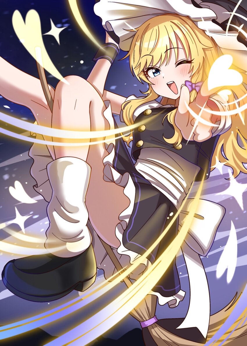 1girl apron back_bow black_shirt black_shoes black_skirt blonde_hair blue_eyes blush bow breasts broom broom_riding cosplay frilled_skirt frills hat highres idolmaster idolmaster_cinderella_girls kirisame_marisa kirisame_marisa_(cosplay) long_hair loose_socks medium_breasts niban_(puka_0507) ohtsuki_yui one_eye_closed open_mouth pointing pointing_at_viewer shirt shoes skirt socks solo thighs touhou wavy_hair wavy_sidelocks white_bow witch_hat