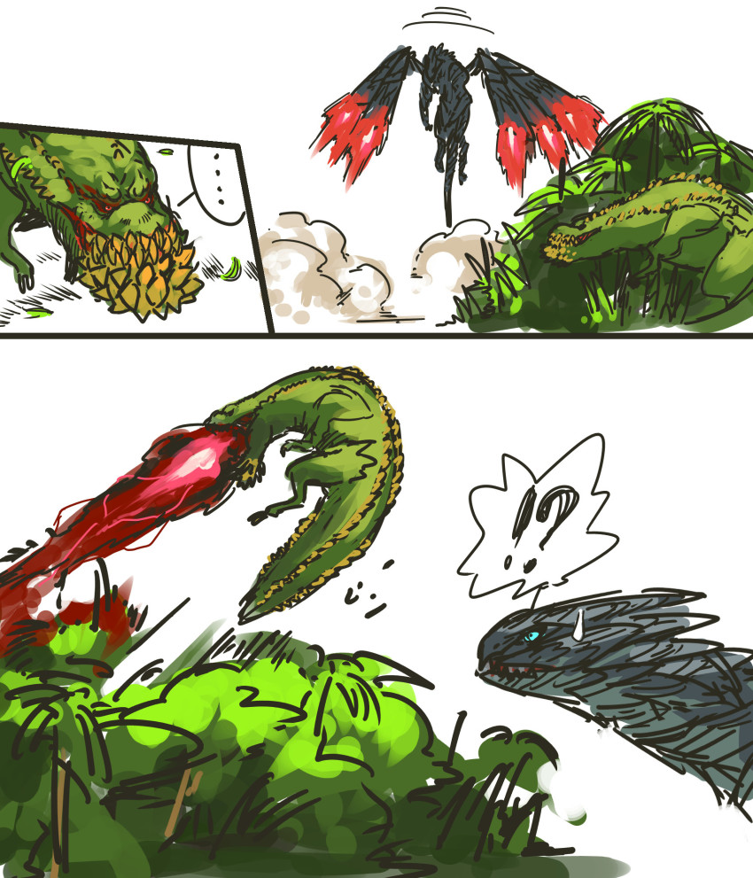 !? ... barufaruku blue_eyes breath_weapon comic deviljho dinosaur dragon energy energy_beam flying highres looking_at_another monster_hunter_(series) monster_hunter_xx mouth_beam nameo_(judgemasterkou) no_humans outdoors red_eyes scales sharp_teeth silent_comic spoken_ellipsis sweatdrop teeth tree