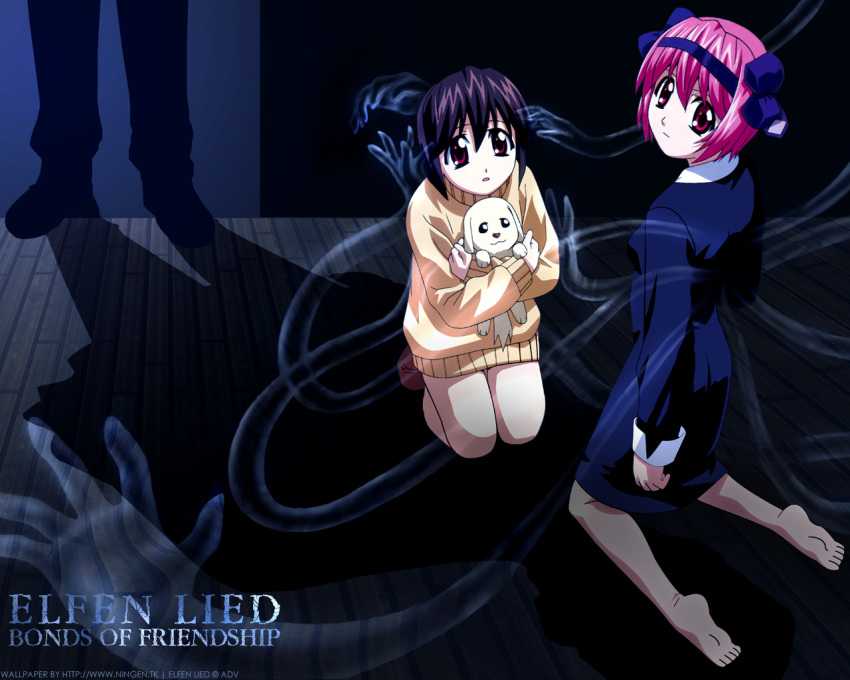 00s 2girls barefoot black_dress black_hair bob_cut dog dress elfen_lied feet hairband holding kneeling looking_back mayu_(elfen_lied) multiple_girls nana_(elfen_lied) pink_eyes pink_hair puppy red_eyes shadow short_hair sweater tentacles vectors wanta you_gonna_get_raped