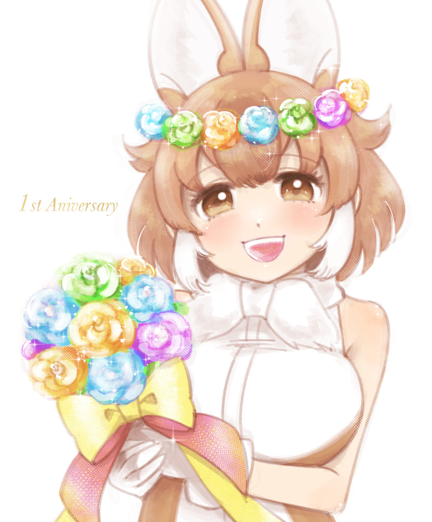 1girl animal_ears anniversary bouquet breasts dhole_(kemono_friends) dog_ears dog_girl dress flower flower_wreath head_wreath highres holding holding_bouquet kemono_friends kemono_friends_3 large_breasts looking_at_viewer ribbon short_hair sleeveless sleeveless_dress smile solo yokuko_zaza