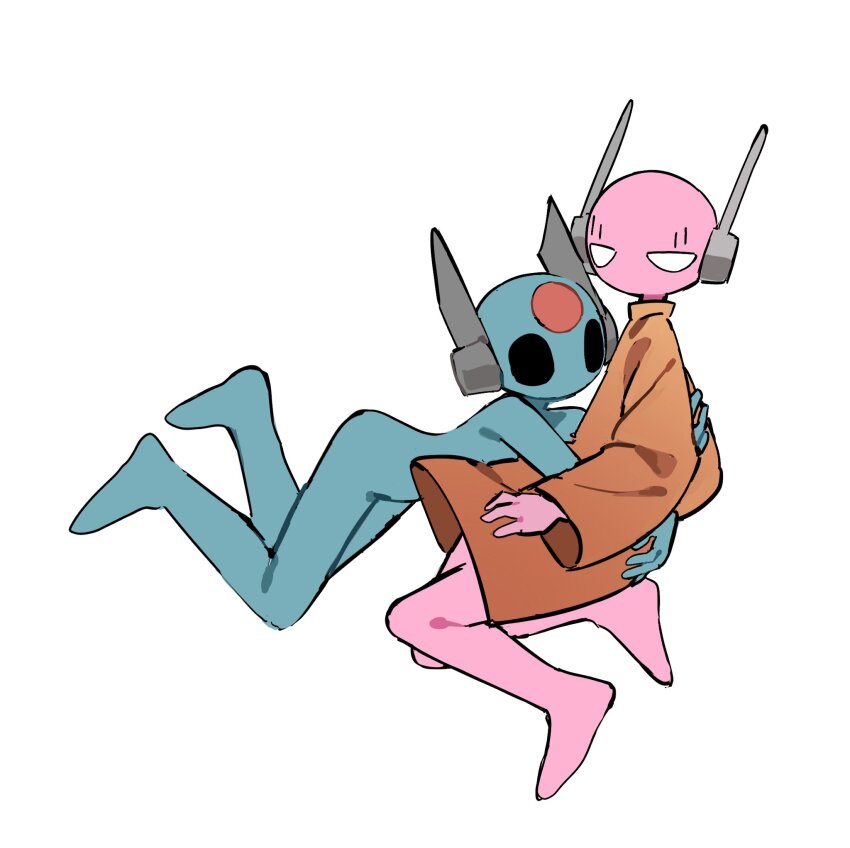 1boy 1girl androgynous barefoot black_eyes blue_skin circle_facial_mark colored_skin facial_mark forehead_mark highres hug humanoid_robot iterator_(rain_world) long_sleeves looking_at_viewer nude orange_cloak pink_skin rain_world robot robot_ears robot_girl white_background white_eyes wide-eyed yonyangrw