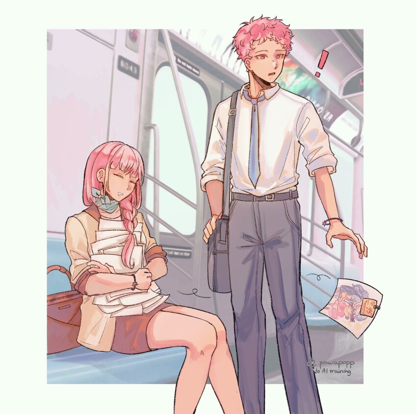 ! 1boy 1girl bag belt black_belt black_pants blue_necktie bracelet braid braided_ponytail brown_bag closed_eyes collared_shirt feet_out_of_frame grey_pants hair_over_shoulder hand_grip highres holding holding_paper jacket jewelry li_tianchen li_tianxi long_hair map necktie open_mouth pants paper pawapopp pencil_skirt pink_hair scarf shiguang_dailiren shirt shirt_tucked_in short_hair shoulder_bag sitting skirt sleeping sleeping_upright sleeves_rolled_up standing train_interior twitter_username white_shirt