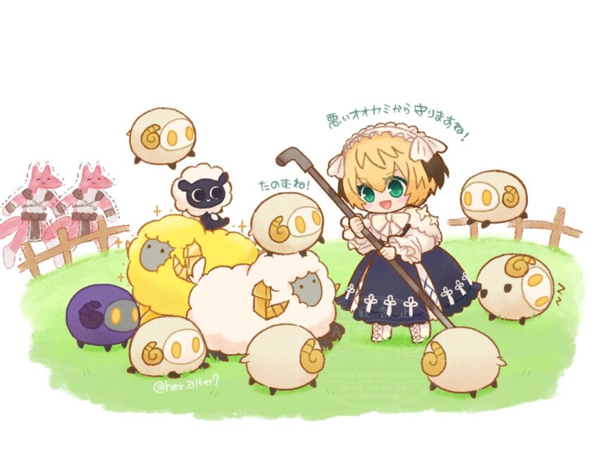 1girl apollo_(fate) blonde_hair chibi commentary_request dress dumuzid_(fate) fate/grand_order fate_(series) fence frilled_hairband frills gareth_(fate) green_eyes hairband hmr_alter7 holding holding_lead_pipe lead_pipe meadow sheep twitter_username werewolf wooden_fence zerco_(fate)