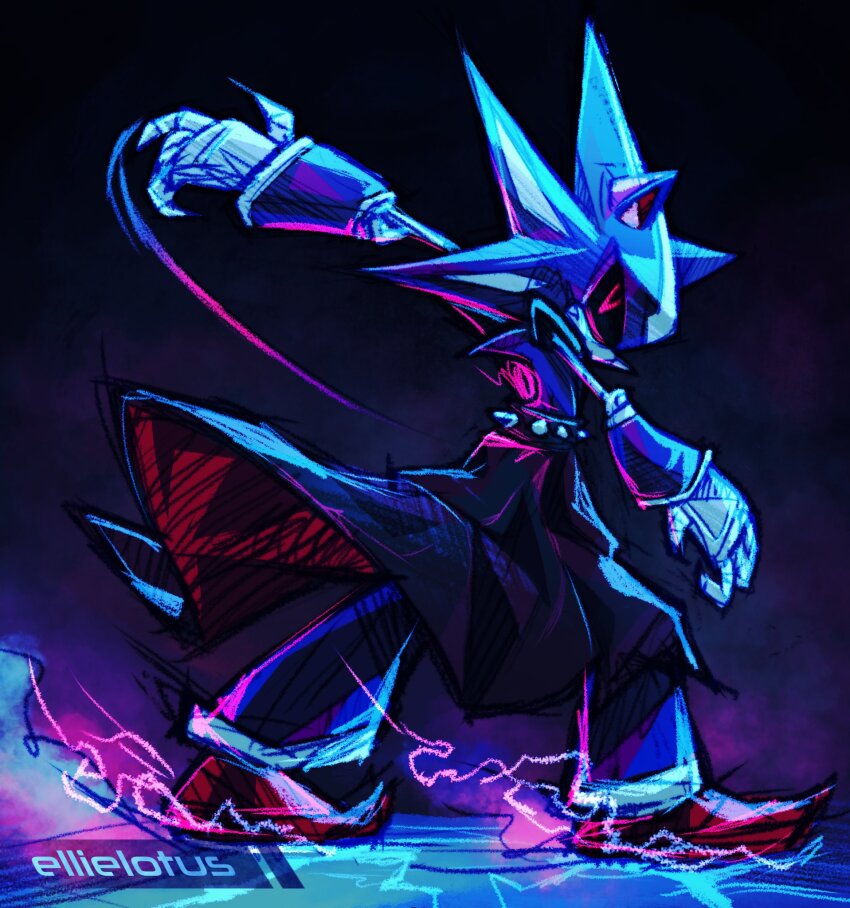 1boy arm_up black_choker choker ellie_lotus glowing glowing_eyes highres humanoid_robot lightning metal_sonic neo_metal_sonic red_eyes robot solo sonic_(series) tagme