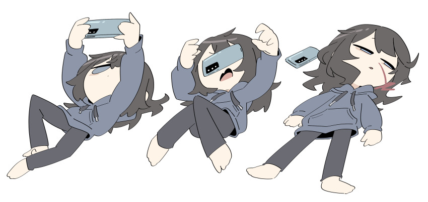 1girl absurdres armedrabbit black_hair black_pants blood blue_eyes blue_hoodie cellphone drawstring dropping flat_color highres holding holding_phone hood hood_down hoodie jitome looking_at_phone medium_hair no_nose nosebleed open_mouth original pants phone sequential simple_background smartphone solo white_background