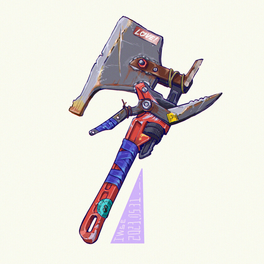 artist_name axe chromatic_aberration dated english_text fusion hedge_clippers highres iwse_zhang no_humans original rust signature simple_background sticker still_life white_background wrench