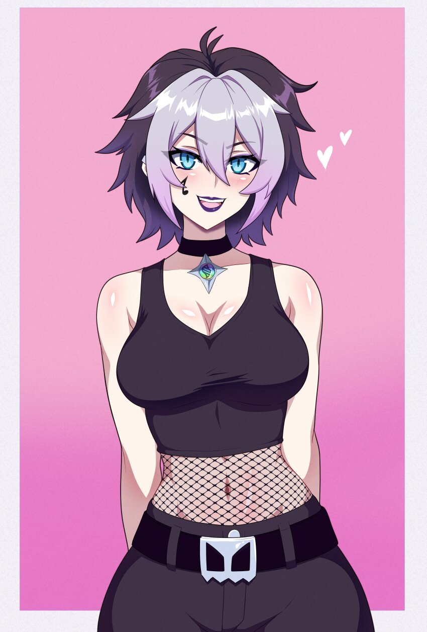 1girl absurdres arms_behind_back belt belt_buckle black_belt black_choker black_hair black_pants black_tank_top breasts buckle choker cleavage commentary covered_navel english_commentary facial_tattoo fishnet_top fishnets gradient_background gradient_hair grey_hair heart highres large_breasts ludinsketches multicolored_hair open_mouth original pants pink_background purple_hair purple_lips short_hair smile solo tank_top tattoo underwear