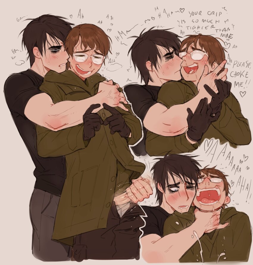 2boys absurdres batman_(series) black_hair bruce_wayne cum dc_comics ejaculation erection glasses handjob highres hug hug_from_behind kiss lacryboy male_focus multiple_boys penis saliva strangling the_riddler yaoi