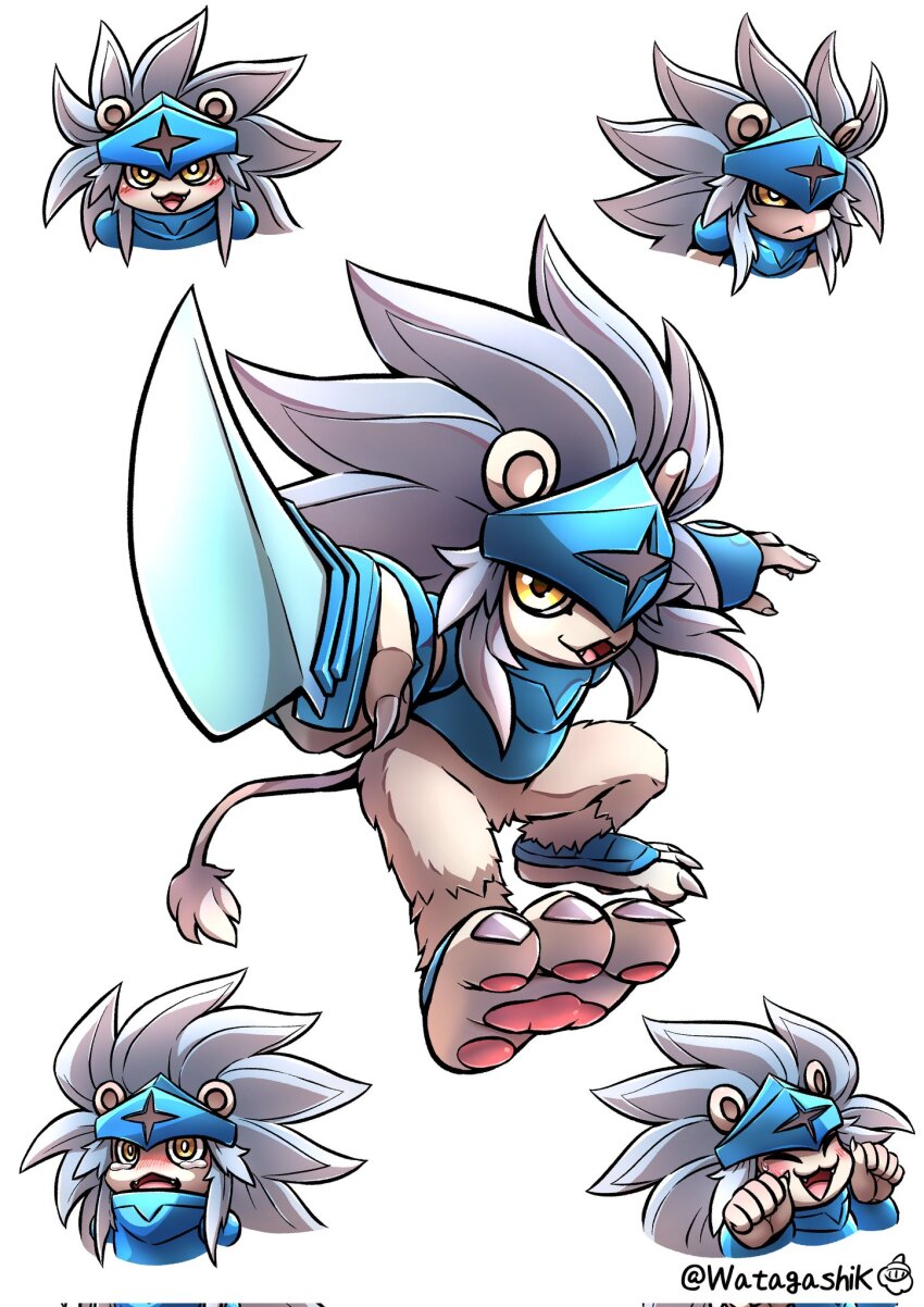 armor claws digimon digimon_(creature) fangs highres open_mouth spadamon tail watagashikn white_hair yellow_eyes