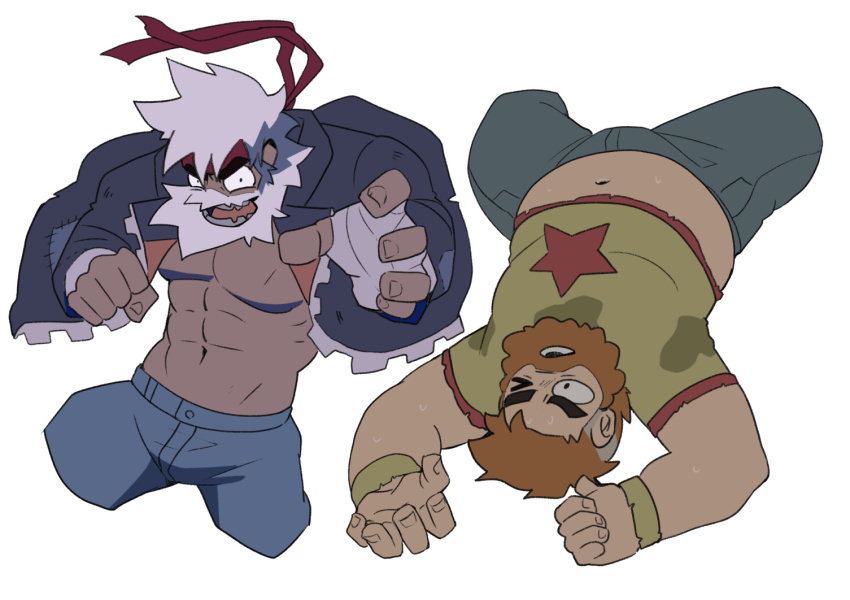 &gt;_o 2boys abs bara beard big_belly bulge clothes_lift cropped_legs denim even_older_scott facial_hair fat fat_man fighting_stance from_above full_beard future_scott_pilgrim grin headband huge_eyebrows jeans large_pectorals long_beard lying male_focus mature_male midriff_peek multiple_boys muscular muscular_male navel no_shirt official_style old old_man on_back one_eye_closed pants pectorals red_headband sanpaku scott_pilgrim scott_pilgrim_(series) scott_pilgrim_takes_off shirt_lift short_hair smile stomach tan white_hair zoyu_(wuedti)