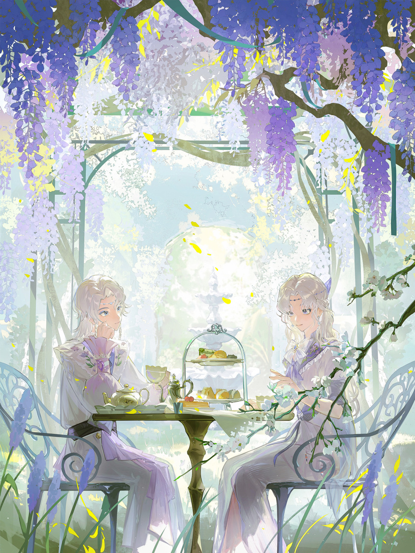 1boy 1girl blue_eyes bug butterfly cake cake_slice cake_stand chair closed_mouth commentary_request cup dress flower food fountain harry_potter:_magic_awakened harry_potter_(series) highres holding holding_cup insect juyekuno macaron nature official_alternate_costume official_art original petals protagonist_(harry_potter:_magic_awakened) purple_flower robe saucer scone sitting smile table tablecloth tea tea_party tea_set teacup teapot tiered_tray white_dress white_hair white_robe wisteria wizarding_world