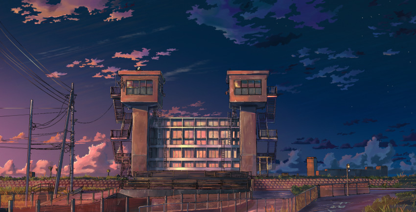 building cloud evening highres lamppost no_humans original power_lines qdsn railing road scenery sky stairs utility_pole