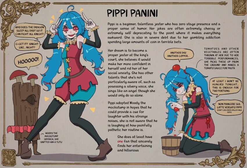 1girl ahoge aqua_hair basedbinkie black_pantyhose bucket colored_skin double_v english_text facepaint frills highres jester low_twintails messy_hair mushroom nervous original pantyhose pink_skin pippi_panini_(basedbinkie) pointed_footwear reference_sheet speech_bubble tomato tree_stump tutu twintails v wavy_eyes wavy_mouth woody_the_mockstump_(basedbinkie)