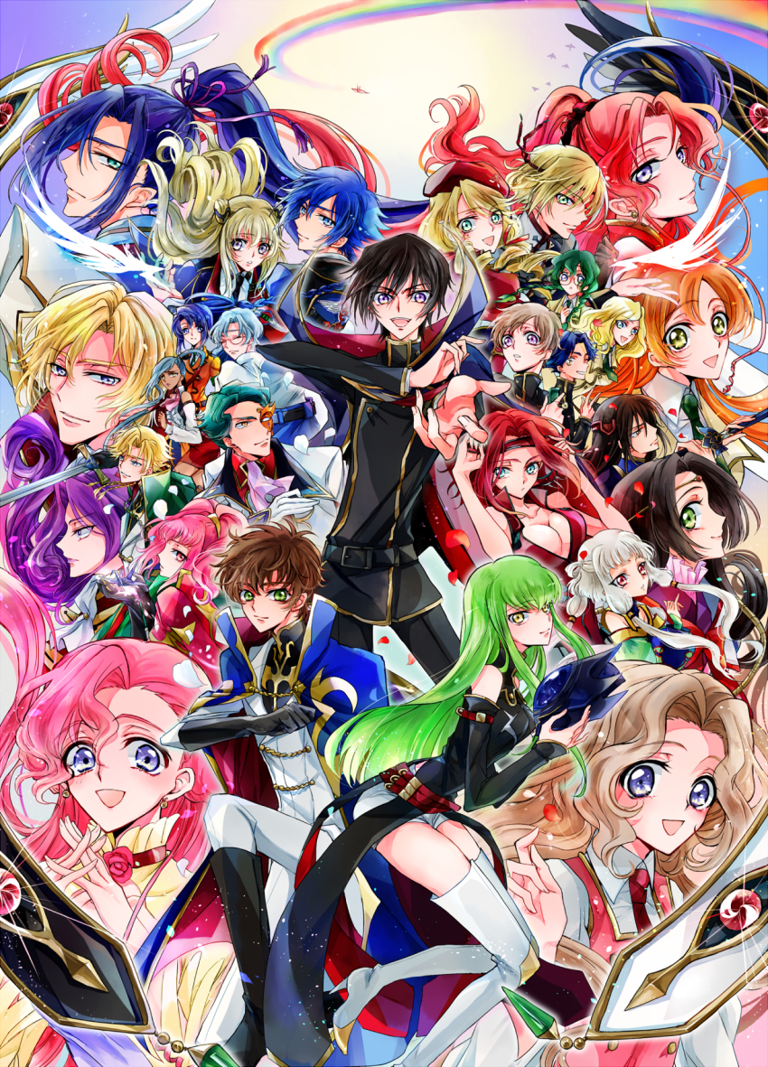6+boys 6+girls ;d anya_alstreim ashford_academy_school_uniform bare_shoulders black_gloves black_hair blonde_hair blue_eyes blue_hair boots braid breasts brown_hair c.c. cape cecile_croomy chinese_clothes circlet cleavage code_geass code_geass:_boukoku_no_akito code_geass:_soubou_no_oz cornelia_li_britannia dark_skin double_bun dress drill_hair earrings euphemia_li_britannia flat_chest gino_weinberg glasses gloves green_eyes green_hair hair_bun hair_ornament hair_ribbon headband high_heel_boots high_heels high_ponytail highres holding holding_sword holding_weapon hyuuga_akito ilohasvio jeremiah_gottwald jewelry kouzuki_kallen kururugi_suzaku large_breasts leila_malcal lelouch_vi_britannia li_xingke lloyd_asplund long_hair looking_at_viewer marrybell_mel_britannia mask mask_over_one_eye medium_breasts military military_uniform milly_ashford multiple_boys multiple_girls nina_einstein nunnally_vi_britannia oldrin_zevon one_eye_closed open_mouth orange_hair order_of_the_black_knights_uniform orpheus_zevon pink_eyes pink_hair ponytail purple_eyes purple_hair red_eyes red_hair ribbon rivalz_cardemonde rolo_lamperouge schneizel_el_britannia school_uniform shin_hyuuga_shaingu shirley_fenette short_hair siblings small_breasts smile sumeragi_kaguya sword thigh_boots thighhighs tianzi twin_braids twin_drills twintails very_long_hair villetta_nu weapon white_hair yellow_eyes
