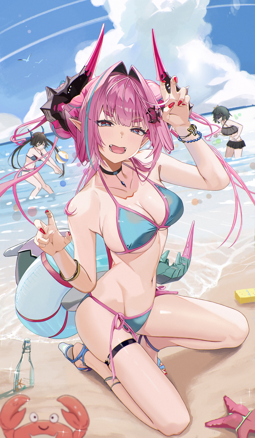 3girls absurdres arknights arknights:_endfield auguste ball beach beachball black_hair blue_sky bottle bracelet breasts chen_qianyu_(arknights) chinese_commentary cleavage commentary_request crab dragon_girl dragon_horns endministrator_(arknights) eye_mask female_endministrator_(arknights) hair_intakes highres horns jewelry large_breasts long_hair miniskirt multicolored_hair multiple_girls navel ocean open_mouth pink_hair pointy_ears red_nails sandals skirt sky starfish stomach swimsuit tail teeth thigh_strap twintails two-tone_hair yvonne_(arknights)