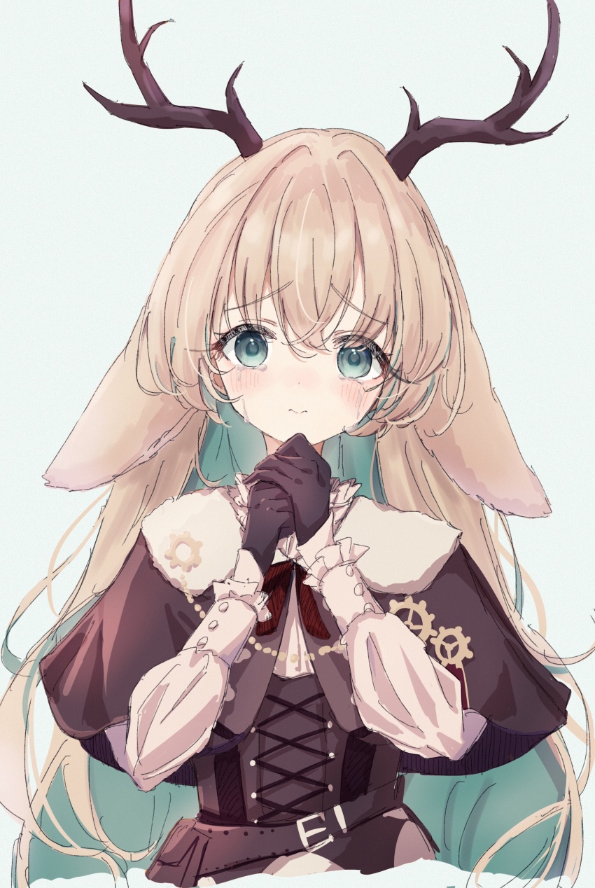 1girl absurdres animal_ears antlers belt black_gloves blonde_hair blue_background blue_eyes blue_hair blush brown_belt brown_capelet brown_corset capelet closed_mouth colored_inner_hair commentary_request corset crying crying_with_eyes_open deer_ears gloves highres horns long_hair long_sleeves looking_at_viewer multicolored_hair nanashi_inc. own_hands_together shirt shishishi simple_background solo tears tsukinoki_tirol upper_body virtual_youtuber white_shirt