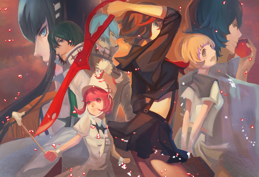 3boys 4girls absurdres apple baton black_skirt blue_eyes blue_skirt brown_eyes brown_hair dress embers everyone food fruit glasses hat highres inumuta_houka jakuzure_nonon kill_la_kill kiryuuin_satsuki looking_back looking_to_the_side mankanshoku_mako matching_hair/eyes matoi_ryuuko mikisugi_aikurou miniskirt multicolored_hair multiple_boys multiple_girls pandaeyeee_(930723) pink_eyes pink_hair pleated_skirt red_hair sanageyama_uzu school_uniform serafuku shako_cap short_hair sidelocks skirt skull streaked_hair white_dress white_headwear