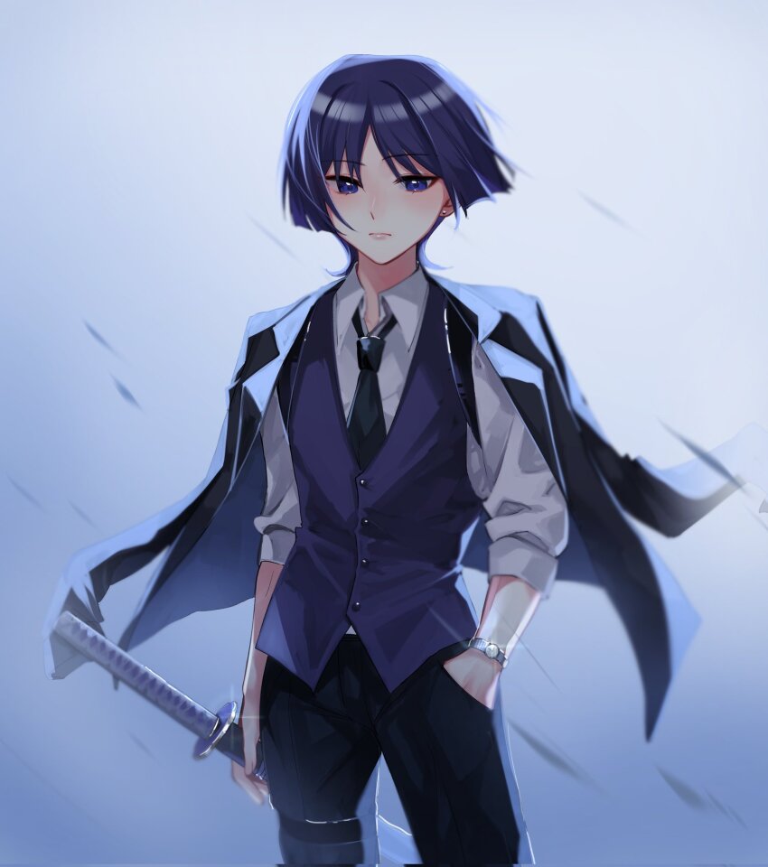 1boy alternate_costume arms_at_sides black_jacket black_necktie black_pants black_suit blunt_ends closed_mouth collared_shirt contemporary cowboy_shot earrings eyelashes eyeliner eyeshadow formal_clothes genshin_impact glint hand_in_pocket highres holding holding_sword holding_weapon jacket jacket_on_shoulders jewelry katana looking_at_viewer makeup male_focus necktie pants parted_bangs purple_eyes purple_hair purple_vest red_eyeliner red_eyeshadow scaramouche_(genshin_impact) sheath sheathed shirt solo suit suit_jacket sword thigh_strap three-quarter_sleeves tsurime vest watch weapon white_shirt white_sleeves wispy_bangs wristwatch yoontrsh