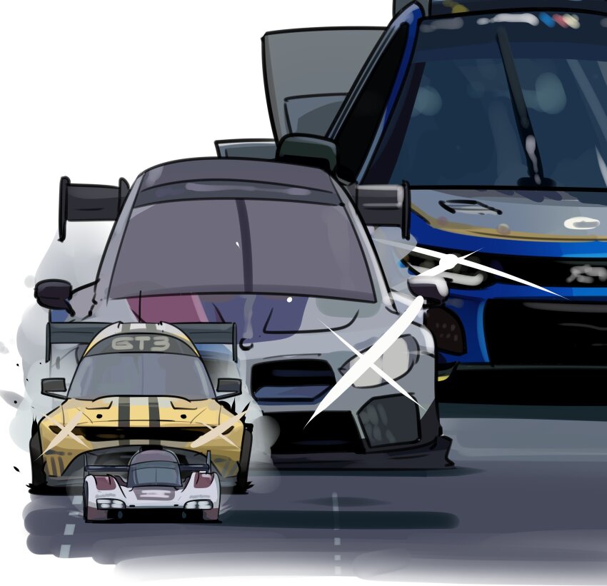 absurdres bmw_m4 car chevrolet_camaro chevrolet_camaro_(6th_generation) chibi circuit_de_la_sarthe ford_mustang ford_mustang_s650 highres holeecrab le_mans_prototype motor_vehicle mustang_gt3 nascar no_humans porsche_963 race_vehicle racecar size_difference spoiler_(automobile) vehicle_focus white_background