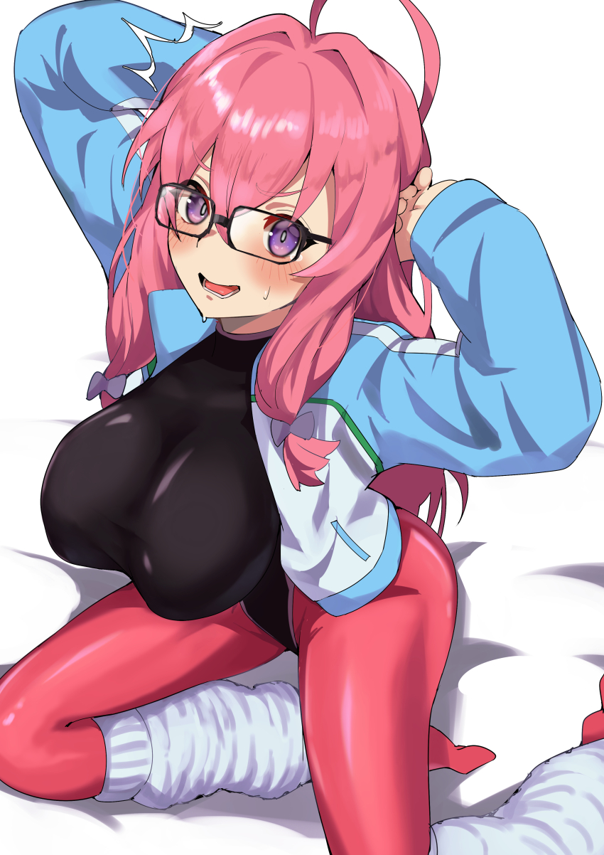 1girl ^^^ absurdres ahoge black-framed_eyewear black_leotard blue_track_jacket blush breasts embarrassed hair_intakes hair_ribbon highres ideura_shizuri_(neet_kunoichi) large_breasts leg_warmers leotard long_hair looking_at_viewer neet_de_otaku_na_kunoichi_to_naze_ka_dousei_hajimemashita open_mouth pantyhose pink_hair pink_pantyhose purple_eyes ribbon solo stretching surprised sweatdrop white_ribbon yamada_otonari